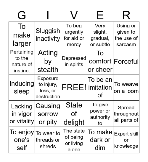 The Giver Vocabulary Part 5 By Austin Smith Bingo Card