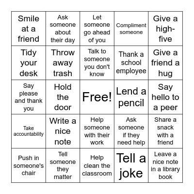 World Kindness Day Bingo Card