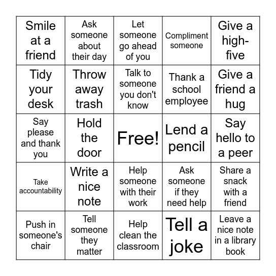 World Kindness Day Bingo Card