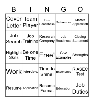 Job Readiness Bingo Card