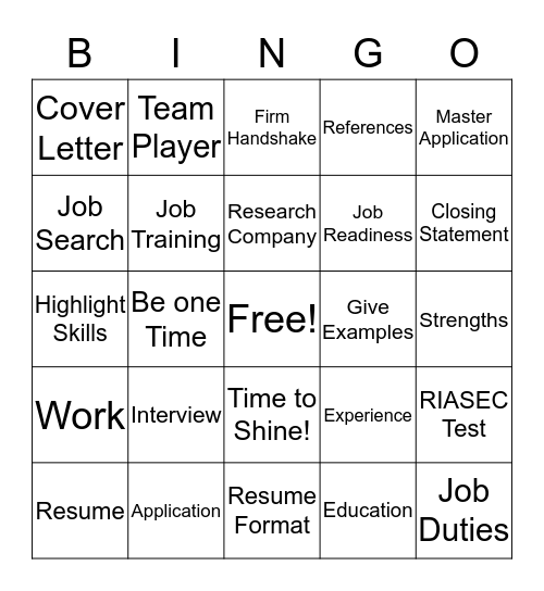 Job Readiness Bingo Card