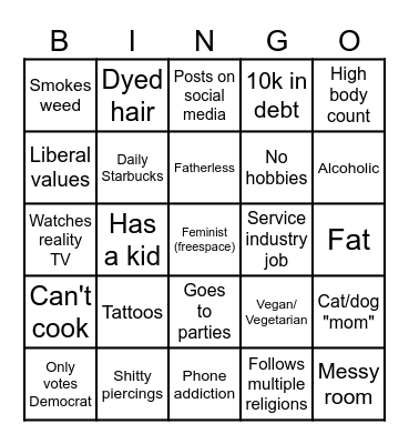 Whore Bingo Card