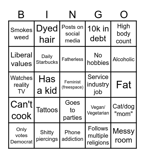 Whore Bingo Card