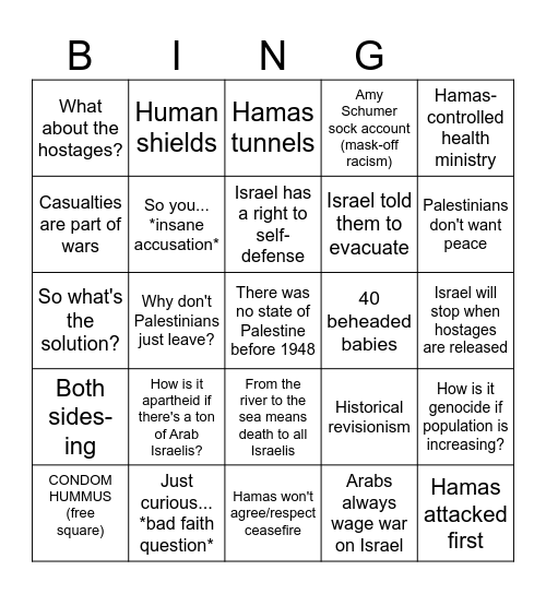 Bad Faith Chatter (Gaza Edition) Bingo Card