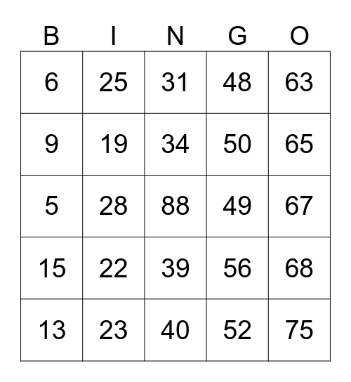 Number Bingo 1-75 Bingo Card