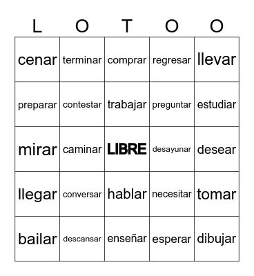 Common -AR verbs Bingo Card