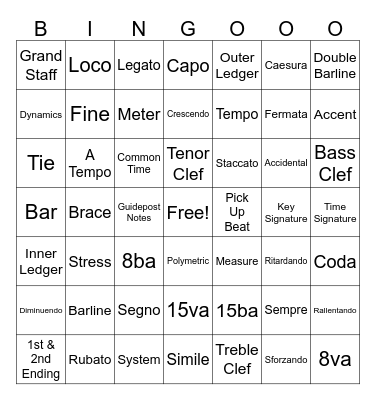 Music Notation Directions Bingo Card