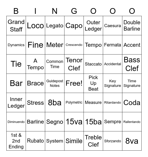 Music Notation Directions Bingo Card