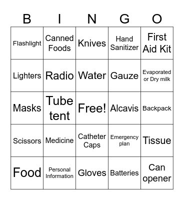 Disaster Planning (Dialysis Edition) Bingo Card