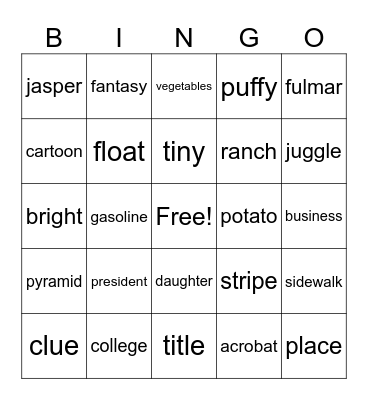 Reading Vocab Bingo Card