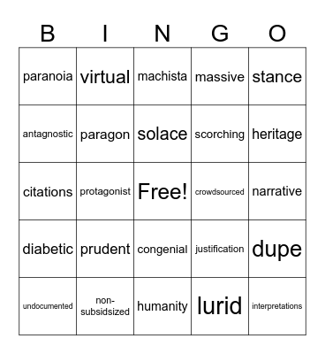 Vocabulary Bingo Card