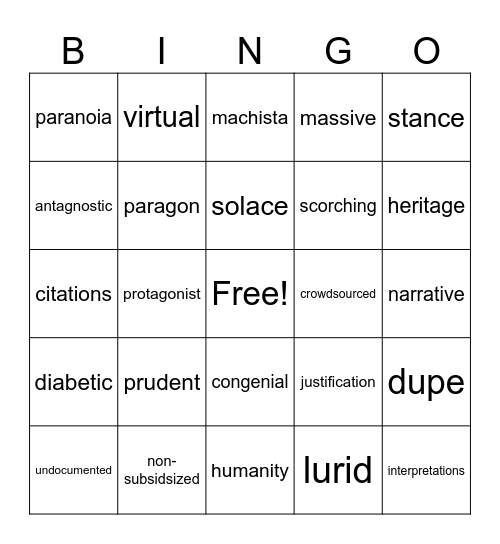 Vocabulary Bingo Card