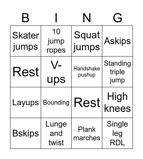 Fitness Bingo Card