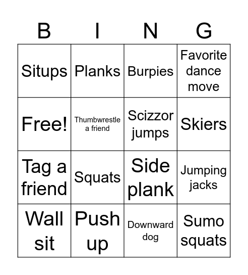 Fitness Baker Bingo Card