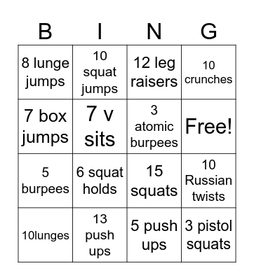 Fitness Bingo Card