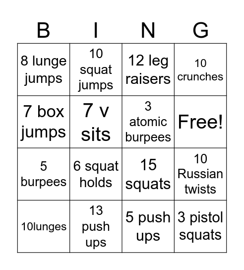 Fitness Bingo Card