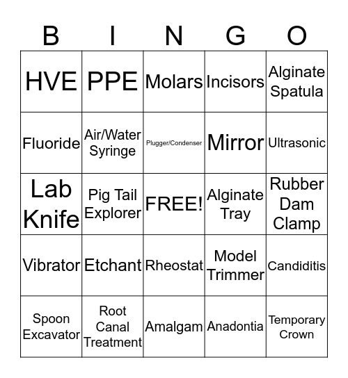 Dental Bingo Card