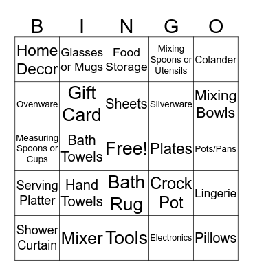 Bridal Shower Gift Registry  Bingo Card