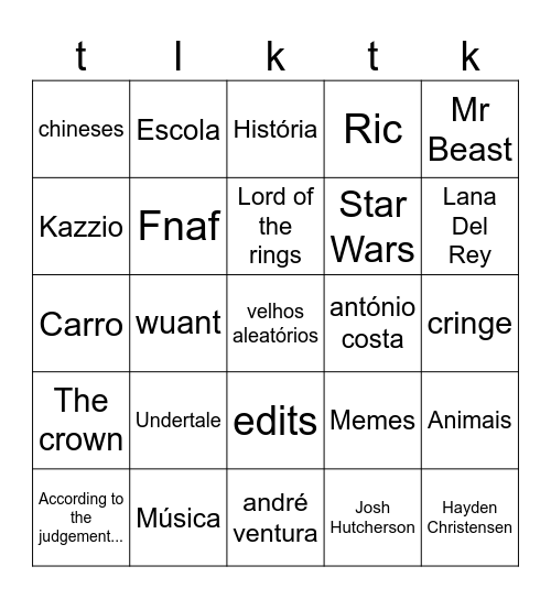 Tiktok Bingo Card