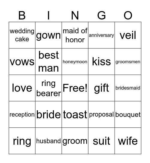 Shawna's Bridal Shower  Bingo Card