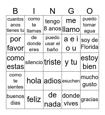 Spanish Bingo Card