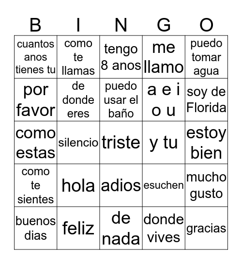 Spanish Bingo Card