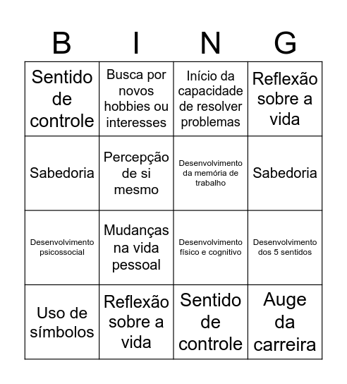 Características do desenvolvimento humano Bingo Card
