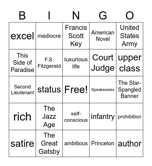 THE GREAT GATSBY Bingo Card