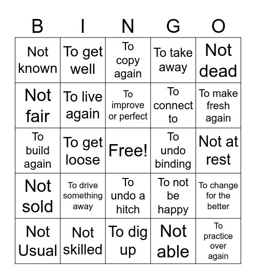Prefix Bingo - UN & RE Bingo Card