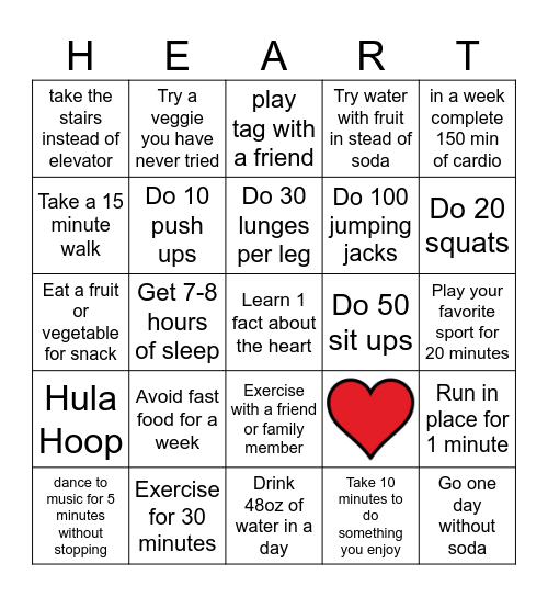 Student Heart Health Bingo Card