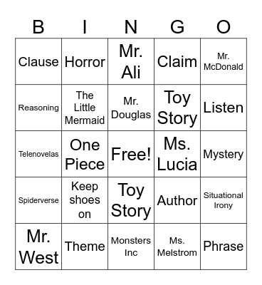 English Class Bingo Card