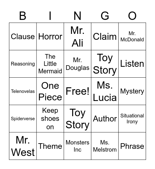 English Class Bingo Card