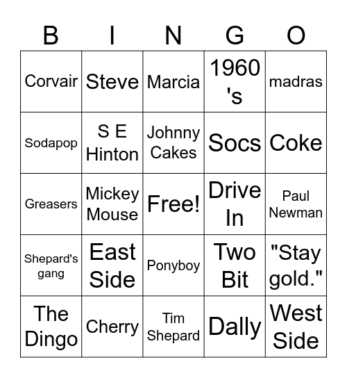 The Outsiders Bingo Card