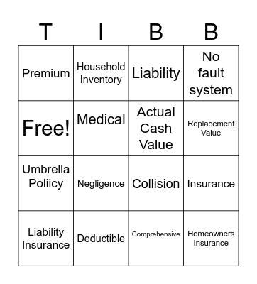 Insurance Bingo Card