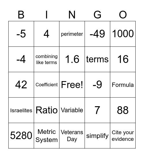 Math Bingo 11-10-23 Bingo Card