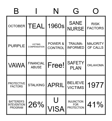 Domestic Violence Awareness Bingo Card