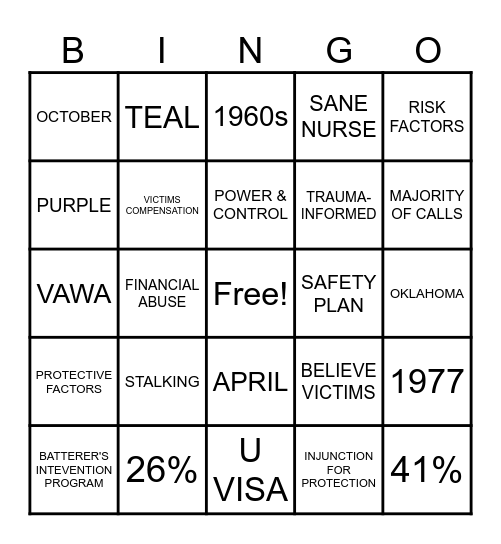 Domestic Violence Awareness Bingo Card