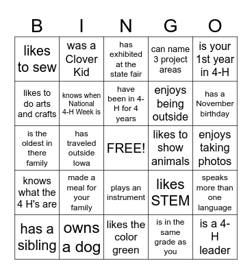 4-H/ Get to know you Bingo Card