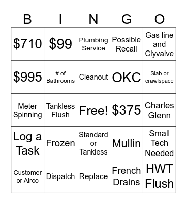 Plumbing Bingo Card