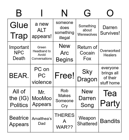 Alterra November Bingo Card