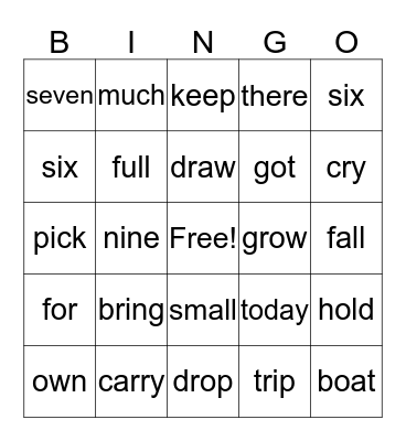 Spelling Words Bingo Card