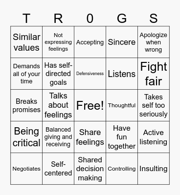 Healthy Relationships Bingo Card