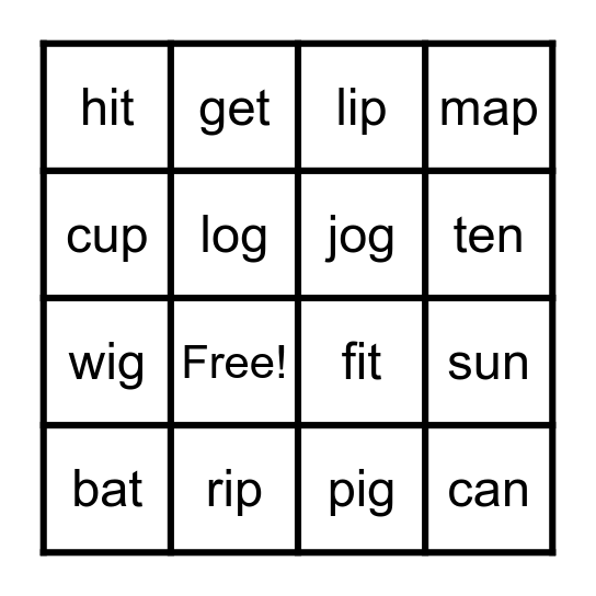 CVC Word Bingo Card