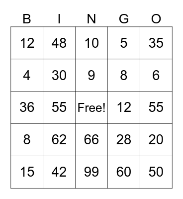 Multiplication Bingo Card