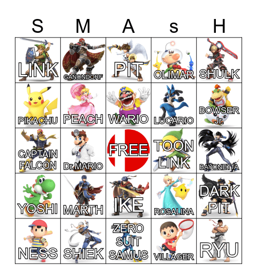 Super Smash Brothers Bingo Card