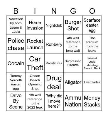 Grand Theft Auto VI Trailer Bingo Card