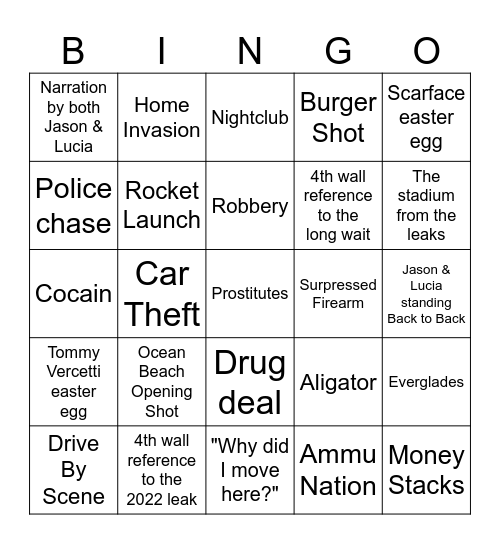 Grand Theft Auto VI Trailer Bingo Card