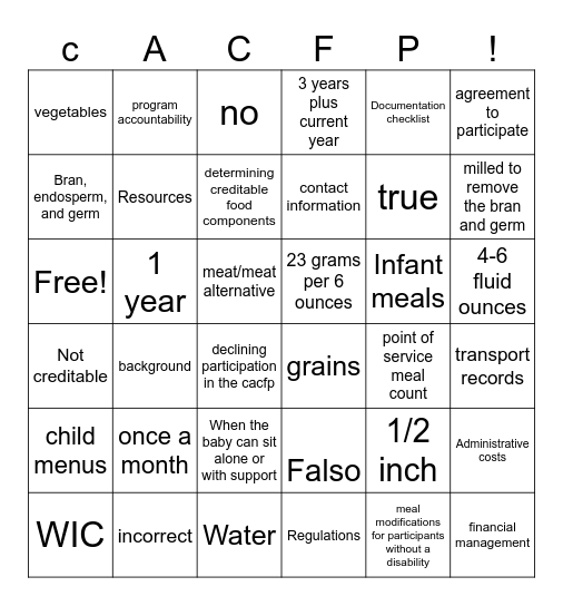 CACFP! Bingo Card