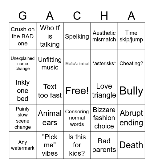 Gacha life bingo Card