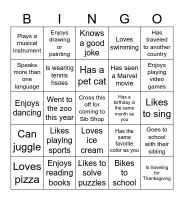 human bingo Card